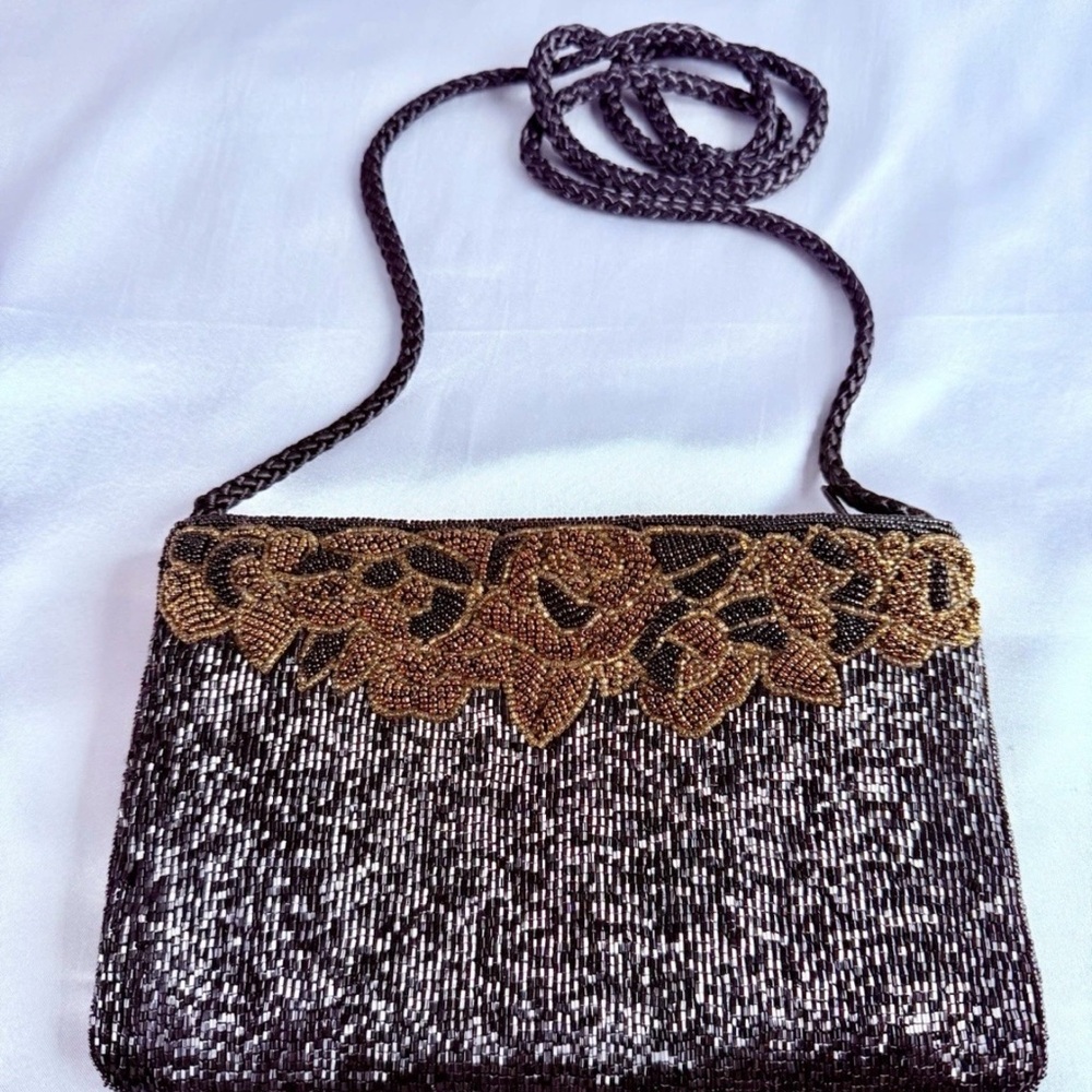 Vintage La Regale Beaded Purse Black Gold Floral Leaves Evening Bag Woven Strap